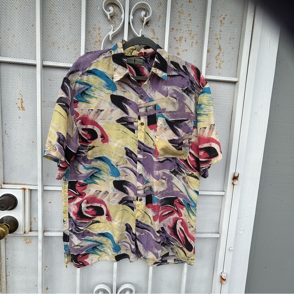 Robert Stack L 100% silk Short sleeve button-up Shirt super lightweight